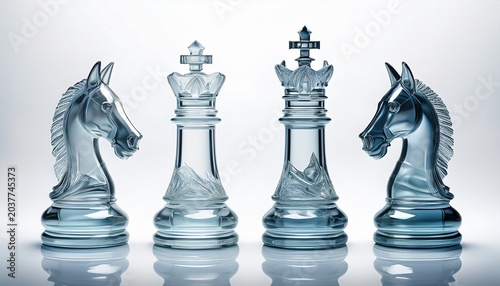 four transparent chess pieces king bishop pawn and knight on white