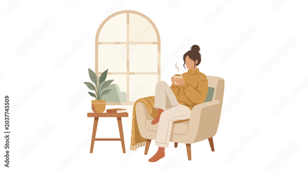 Fototapeta premium A woman relaxing in a comfortable armchair with a hot beverage by a window.