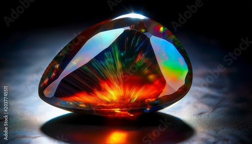 close up of a rare black opal gemstone with vibrant fire like flashes of red orange and green the polished stone features a mysterious inner glow and complex crystalline structure against a dark