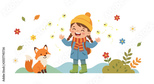 A happy young girl in autumn attire laughs as she plays with fireflies while a friendly fox watches her in a beautiful flower field.