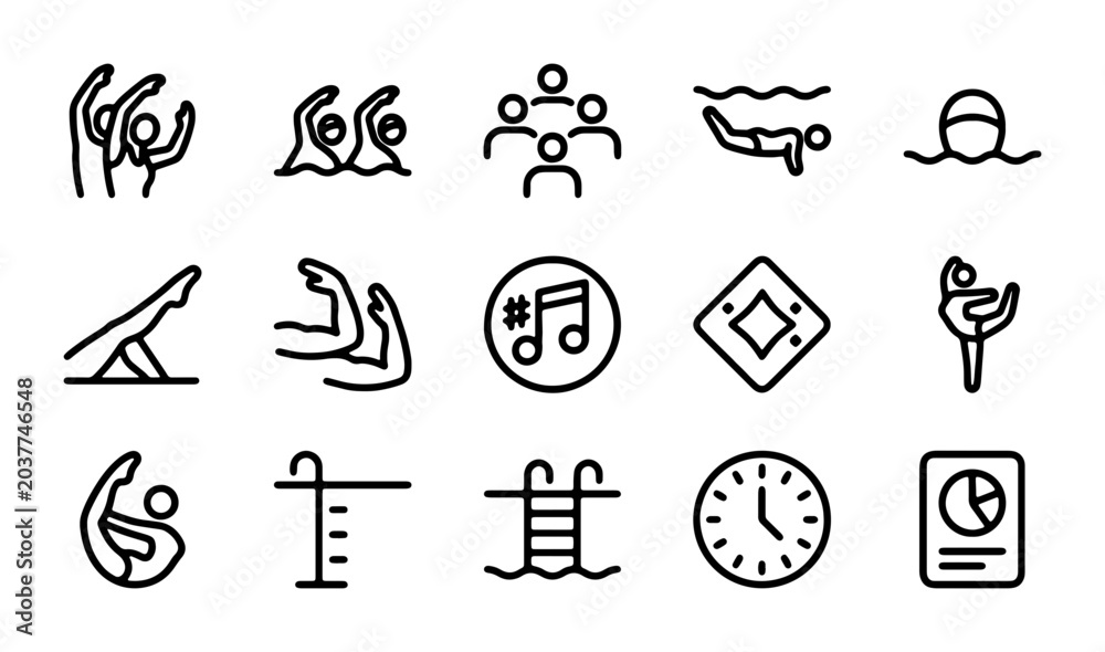 Fototapeta premium Synchronized Swimming Icons Set, Aquatic Sports Line Art Collection, Water Ballet Symbols, Pool Activities Graphics, 15 Vector Elements for Design