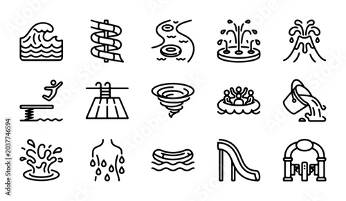 Fotografi Water Park Icons Set: Thrilling Rides, Aquatic Fun, and Summer Recreation Vector