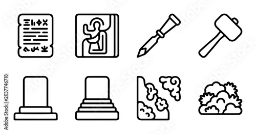 Принти на полотні Ancient Hieroglyphics & Stone Carving Tools Vector Icons Set, Historical Artifac