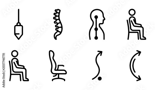Fotografie Ergonomics and Posture Icons Set: Spine, Sitting, Plumb Bob, Office Chair, Body