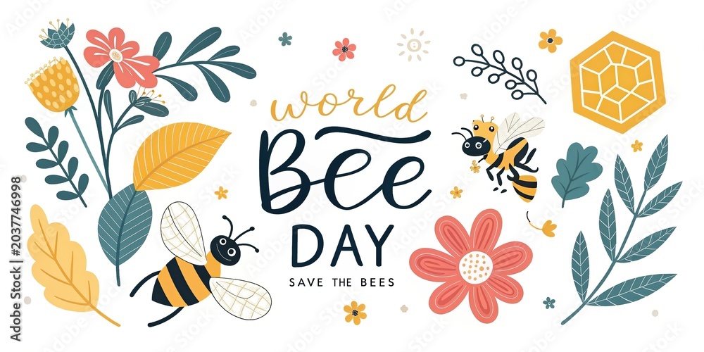 Fototapeta premium Cute bees with flowers celebrating bee day nature conservation banner
