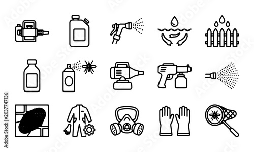 Foto Pest Control Icons Set, Insecticide Sprayers, Protective Gear, Disinfection Equi