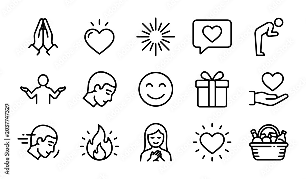 Fototapeta premium Vector Icon Set: Gratitude, Love, and Positive Emotions Collection, 15 Simple Line Graphics for Expressing Appreciation and Well-being