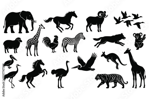 Canvas Print Animal silhouette vector set black icons collection of wild and farm animals ele