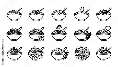 Foto Cereal Bowl Icons, Breakfast Food Graphics, Healthy Grain Meal Vector Set, Morni
