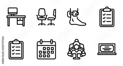 Legal Justice Icons Set: Scales of Justice, Clipboard, Calendar, Computer, Desk, Chairs, Ankle Monitor, Legal Symbols for Law and Business Applications