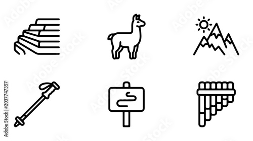 Andean Culture Icons: Machu Picchu Terraces, Llama, Mountains, Trekking Pole, Signpost, Pan Flute, South America Travel Symbols