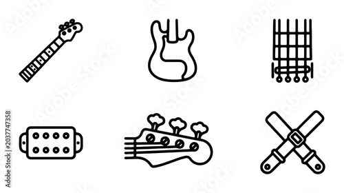 Bild auf Leinwand Bass Guitar Parts Vector Icons, Musical Instrument Components, Rock and Roll Sym