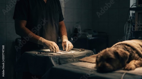 Veterinarian in surgical gloves preparing instruments next to a sedated dog on an operating table