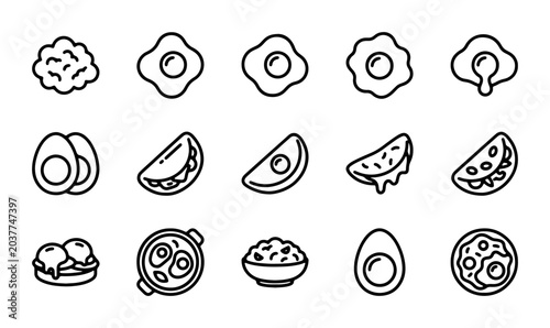 15 Food Icons: Scrambled Eggs, Fried Eggs, Avocado, Pizza, Breakfast Set, Vector Graphics