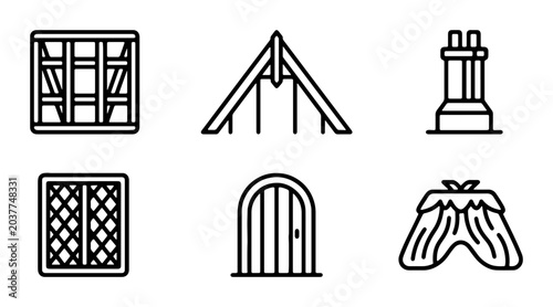 Foto Architectural Elements Icons: Timber Frame, Roof Truss, Chimney, Lattice Window, Arched Door, Volcano Vent Vector Set