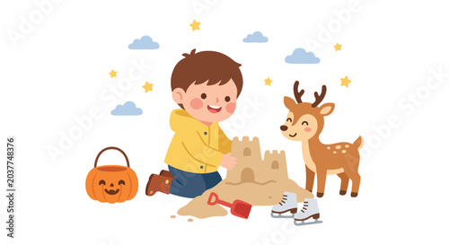 A young boy in a yellow raincoat builds a sandcastle alongside a friendly deer, surrounded by a pumpkin bucket, ice skates, and stars.