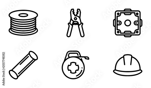 Electrical Tools and Supplies Vector Icons Set: Wire Spool, Pliers, Junction Box, Conduit, Measuring Tape, Hard Hat for Construction and DIY Projects