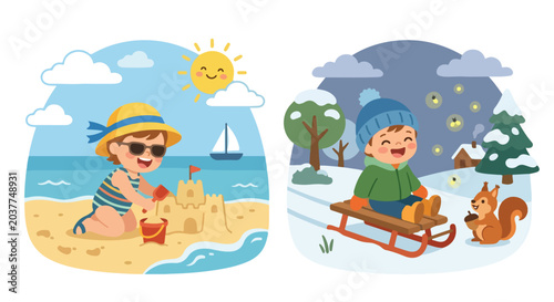 A vibrant vector illustration depicting a happy child enjoying summer activities at the beach and winter fun while sledding in the snow.