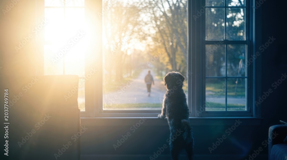 Fototapeta premium A furry dog stands on its hind legs looking out a window at a person walking down a sunlit path