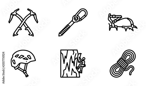 Foto Climbing Gear Icons, Mountaineering Equipment Set, Rock Climbing Essentials, Out