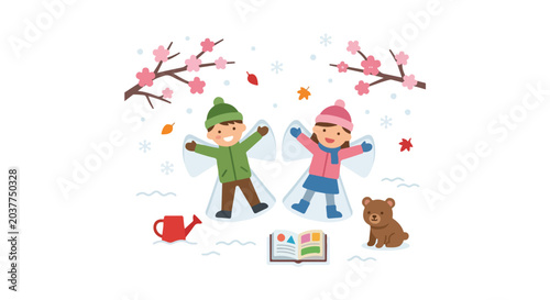 Two happy children are making snow angels while surrounded by elements representing spring, summer, autumn, and winter.
