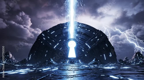 Abstract illustration of a futuristic structure with energy beams and storm