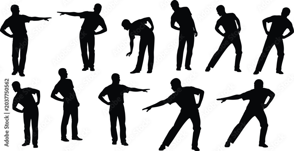 Obraz premium Silhouette set of a man pointing gesturing and stretching, collection of male figures in various active and pointing poses for commercial design isolated vector graphic.