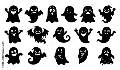 Cuadro en lienzo Funny scary ghost silhouettes set with expressive Halloween spirit characters is