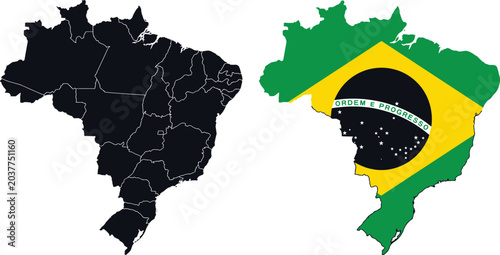 Tableau sur toile Brazil map vector set with brazilian flag colors and black regional states silh