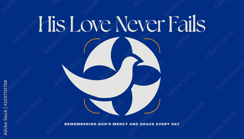 Obraz premium A white dove, symbolizing peace and the Holy Spirit, is depicted within a circular emblem with the text 'His Love Never Fails' above it.