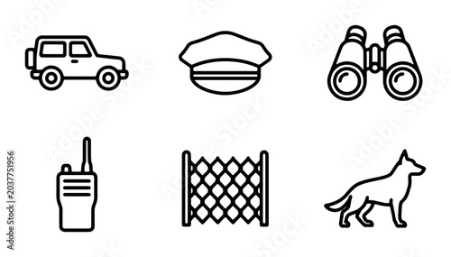 Obraz na płótnie Security Icons Set: Patrol Car, Cap, Binoculars, Walkie-Talkie, Fence, Guard Dog