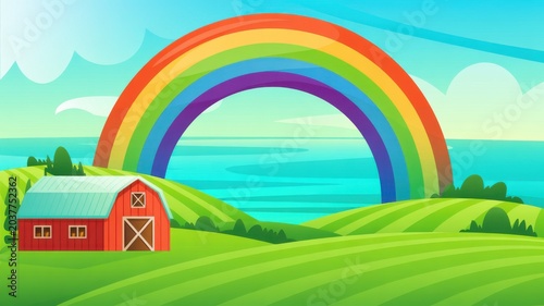 A vibrant cartoon illustration depicts a red barn on green fields