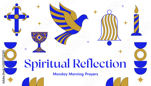 Εκτύπωση καμβά A graphic illustration featuring blue and gold religious symbols like a cross, dove, chalice, bell, and candle, with text 'Spiritual Reflection Monday Morning Prayers'