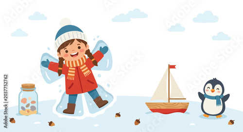 An adorable girl wearing a red coat creates a snow angel in a winter scene featuring a toy boat, a jar of stones, and a penguin.