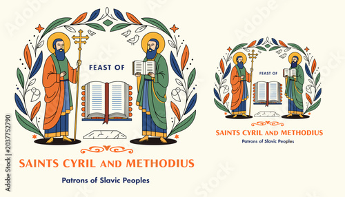 Fotografija Illustration celebrating Saints Cyril and Methodius, patrons of Slavic peoples, featuring their iconography and a stylized wreath