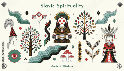 Canvastavla A vibrant illustration depicting Slavic spirituality with ancient wisdom, featuring symbolic imagery like trees, figures, and natural elements