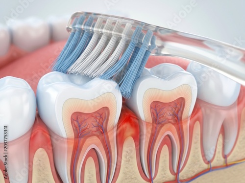 A close-up 3D medical illustration shows a toothbrush cleaning teeth with inflamed, red gum tissue.