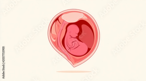 Nine-month pregnant uterus cross-section shows a head-down full-term fetus with placenta and umbilical cord on a white background.