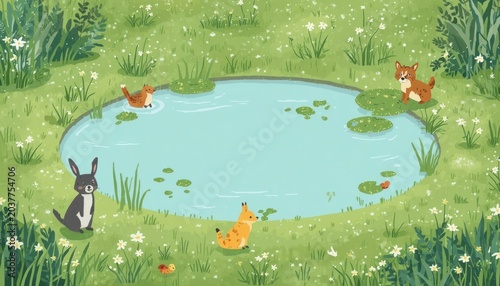 animals on the meadow and the lake