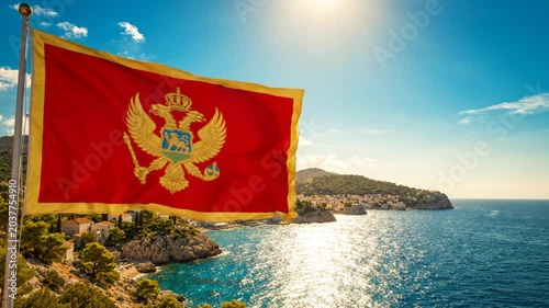 Montenegro flag waving by the sea