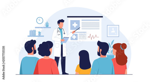 Doctor presentation to audience, medical lecture, health education, infographic