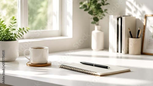 Open notebook with pen beside coffee cup on bright home workspace