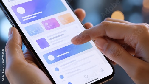 Person navigating mobile app interface with colorful data charts on smartphone screen