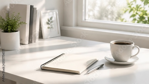 Open notebook with pen on minimalist white desk near window with morning light