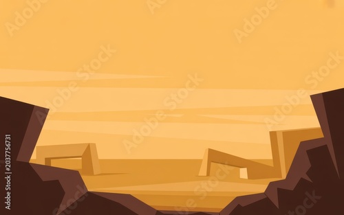 Flat vector cartoon style desert landscape with rock formations and orange sky