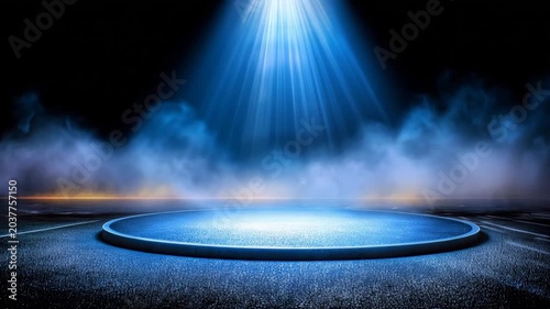 Bright light shines over empty stage surrounded by fog at night in a quiet area