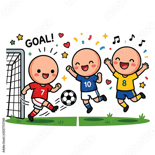 Happy kids soccer team, cartoon football players, goal celebration, and cute children characters. Flat vector sports illustration.