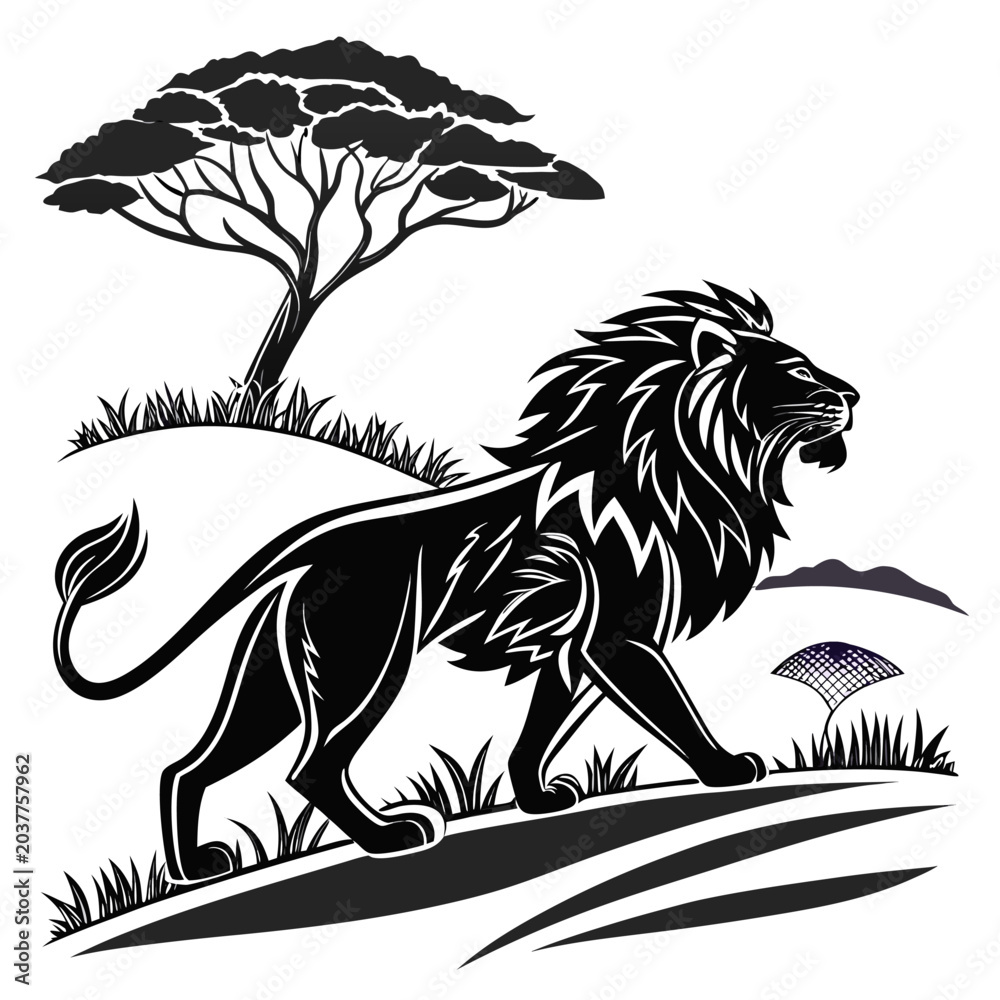 Obraz premium Black lion, savannah wildlife, vector illustration, animal icons