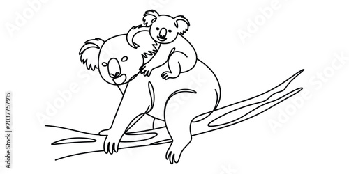 Obraz na plátně Cute mother koala bear with baby joey sitting on a tree branch line art drawing
