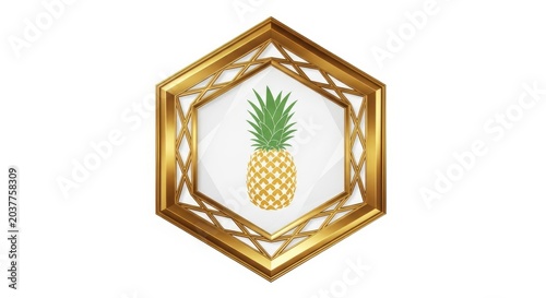 Golden geometric frame with pineapple illustration isolated on white background